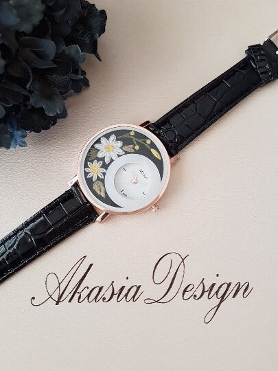 Embroidered Black Wrist Watch|Personalized Daisy Vintage Women Watch|Unique Floral Watch Gift for Mother|Hand Stitched Daisy Embroidery