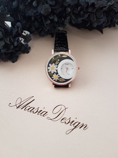 Embroidered Black Wrist Watch|Personalized Daisy Vintage Women Watch|Unique Floral Watch Gift for Mother|Hand Stitched Daisy Embroidery