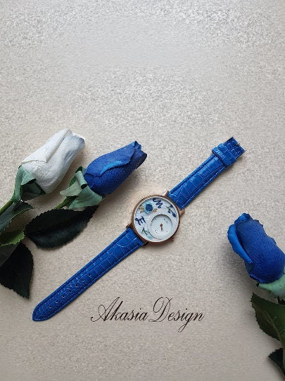 Personalized Wrist Watch|Floral Embroidery Blue Watch|Vintage Watch|Unique Gift Watch for Women|Hand Stitched Gift for Mom|Baby Shower Gift