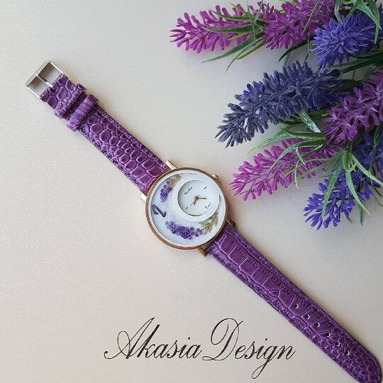 Embroidered Lavender Watch|Purple Floral Wrist Watch for Women|Personalized Unique Gift for Her|Mother's Day Gift|Hand Stitched Embroidery