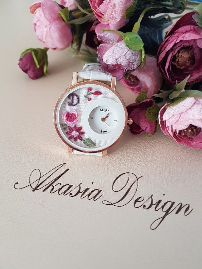 Embroidered Women's Watch|White Floral Wrist Watch for Women|Personalized Unique Gift for Her|Mother's Day Gift|Hand Stitched Embroidery