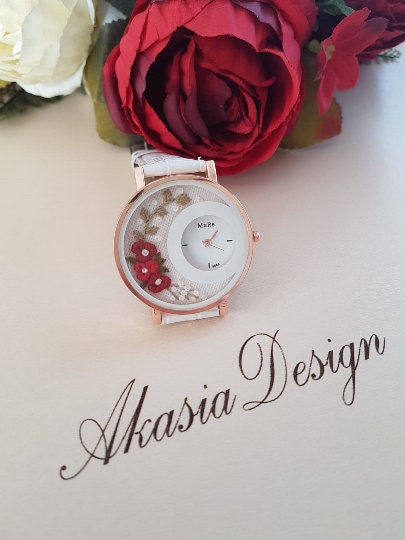 Embroidered Women's Watch|White Floral Wrist Watch for Women|Personalized Unique Gift for Her|Mother's Day Gift|Hand Stitched Embroidery