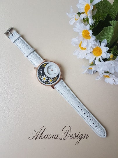 Embroidered Women's Watch|White Floral Wrist Watch for Women|Personalized Unique Gift for Her|Mother's Day Gift|Hand Stitched Embroidery