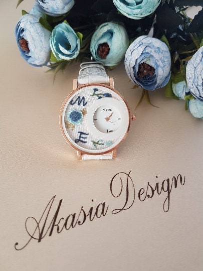 Embroidered Women's Watch|White Floral Wrist Watch for Women|Personalized Unique Gift for Her|Mother's Day Gift|Hand Stitched Embroidery