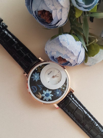 Personalized Embroidered Watch|Blue Daisy Embroidered Black Wrist Watch|Women's Floral Watch|Unique Gift for Mother|Hand Stitched Embroidery