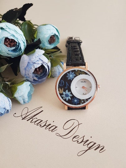 Personalized Embroidered Watch|Blue Daisy Embroidered Black Wrist Watch|Women's Floral Watch|Unique Gift for Mother|Hand Stitched Embroidery