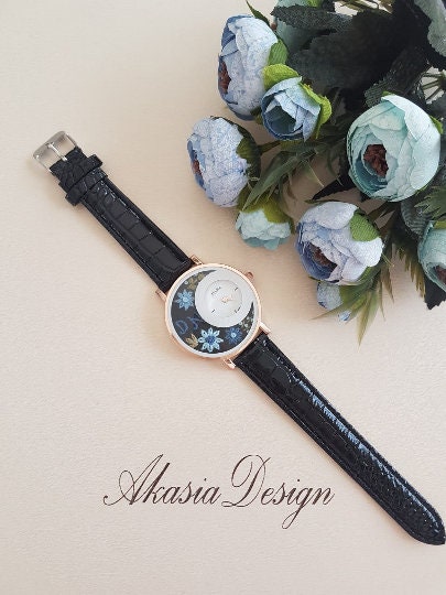 Personalized Embroidered Watch|Blue Daisy Embroidered Black Wrist Watch|Women's Floral Watch|Unique Gift for Mother|Hand Stitched Embroidery