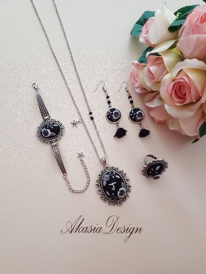 Embroidered Jewelry Set|Personalized Black Gray Floral Embroidery Jewelry|Vintage Embroidered Pendant Bracelet Earrings Ring|Gift for Her