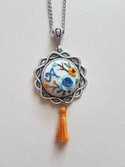 Floral Embroidery Jewelry|Custom Personalized Blue Orange Embroidered Pendant|Necklace Bracelet Earrings Set with Tassel|Unique Gift For Her