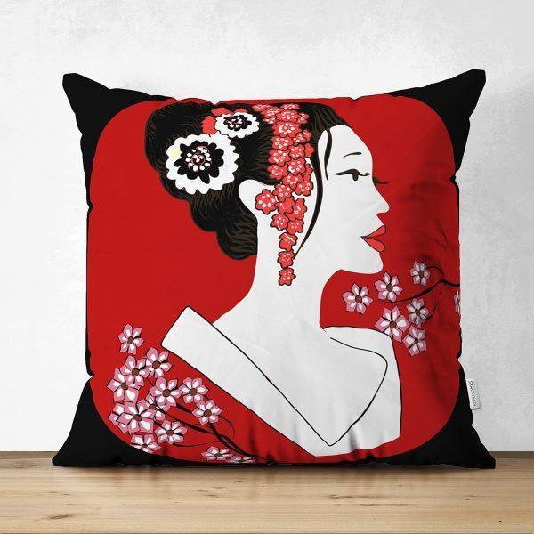 Japanese Girl Pillow Cover|Asian Design Cushion Case|Authentic Kimono Woman Case|Far East Woman Decor|Traditional Geisha Fan Culture Cushion