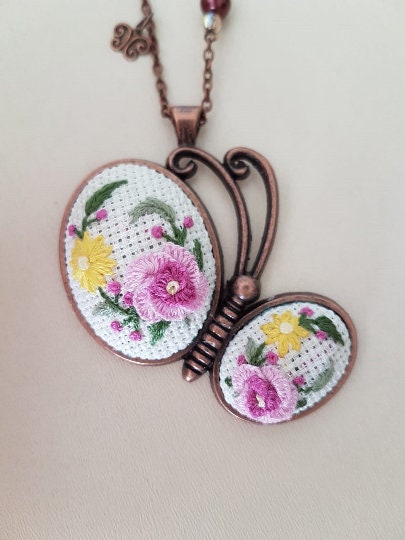 Butterfly Embroidered Necklace|Stylish Handmade Floral Embroidery Necklace|Vintage Style Embroidered Butterfly Pendant|Jewelry Gift for Her