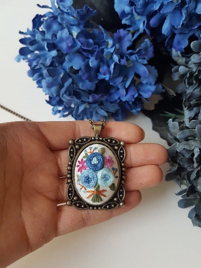 Hand Stitched Necklace|Personalized Blue Floral Embroidery Necklace|Vintage Embroidered Pendant|Unique Jewelry gift for her|Wedding Gift