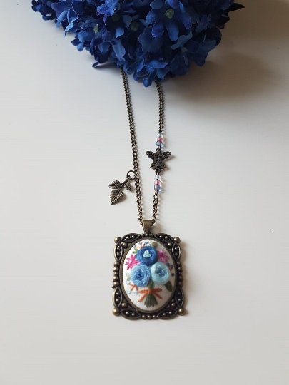 Hand Stitched Necklace|Personalized Blue Floral Embroidery Necklace|Vintage Embroidered Pendant|Unique Jewelry gift for her|Wedding Gift