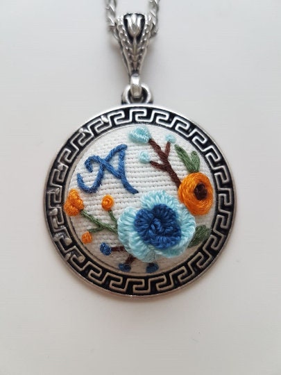 Embroidered Jewelry Set|Personalized Blue Orange Floral Embroidery Jewelry|Vintage Embroidered Pendant,Bracelet,Earrings,Ring|Gift for her