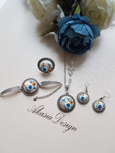 Embroidered Jewelry Set|Personalized Blue Orange Floral Embroidery Jewelry|Vintage Embroidered Pendant,Bracelet,Earrings,Ring|Gift for her