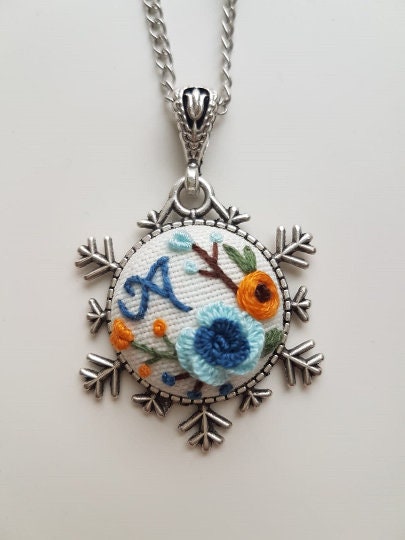 Personalized Snowflake Necklace|Vintage Blue Floral Embroidered Initial Pendant|Unique Baby Shower Embroidery Jewelry|New Mom Gift