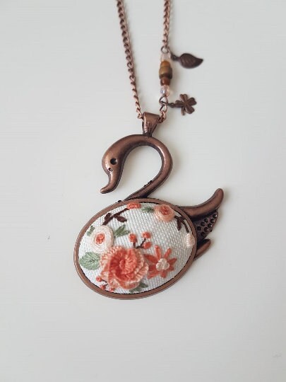 Embroidered Swan Necklace|Stylish Handmade Floral Embroidery Necklace|Vintage Style Embroidered Swan Pendant|Unique Bridesmaid gift for her