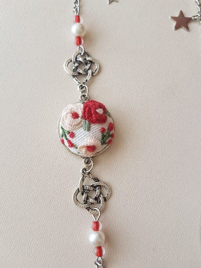 Floral Embroidered Necklace|Custom Personalized Embroidery Jewelry|Vintage Embroidered Pendant, Bracelet|Unique Jewelry gift|Wedding Gift