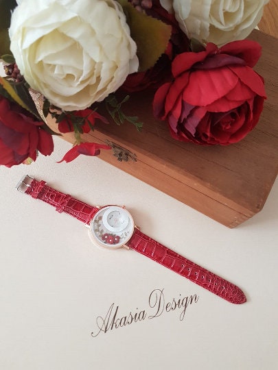 Personalized Embroidered Red Watch|Custom Vintage Women Floral Wrist Watch|Unique Embroidery Gift for Mother|Hand Stitched Wild Flower Watch