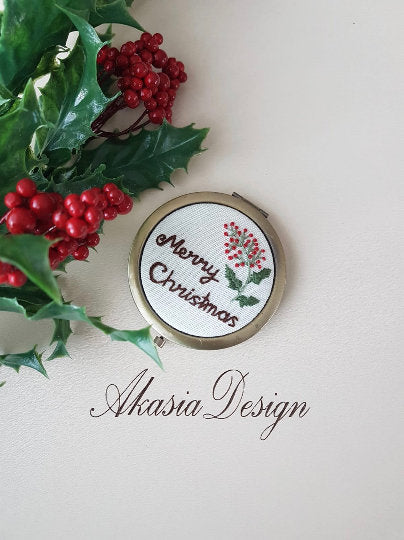 Christmas Pocket Mirror|Embroidered Hand Mirror|Personalized Floral Compact Mirror|Vintage Embroidery|Unique Baby Shower Gift|New Mom Gift