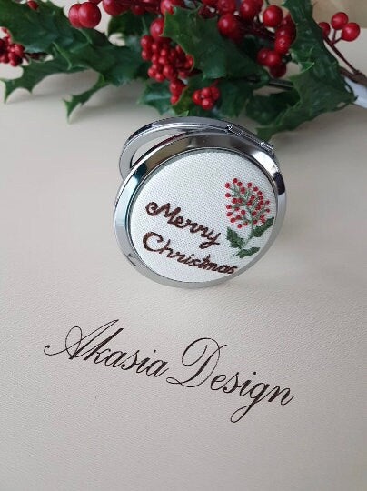 Christmas Pocket Mirror|Embroidered Hand Mirror|Personalized Floral Compact Mirror|Vintage Embroidery|Unique Baby Shower Gift|New Mom Gift