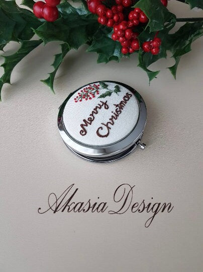 Christmas Pocket Mirror|Embroidered Hand Mirror|Personalized Floral Compact Mirror|Vintage Embroidery|Unique Baby Shower Gift|New Mom Gift