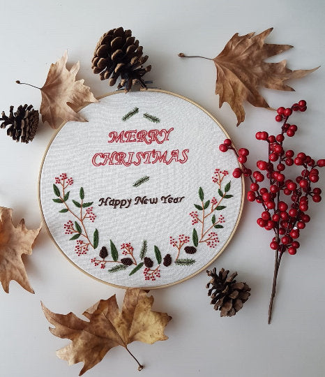 Merry Christmas Embroidered Hoop|Embroidered with Redberries, Pinecones and Leaves|Xmas Floral Embroidery Hoop|Unique Xmas Wall Decor