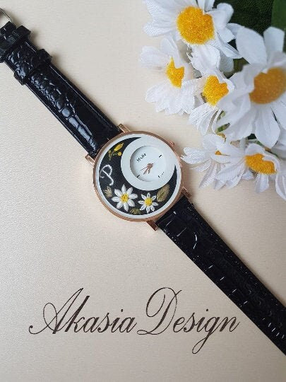 Embroidered Black Wrist Watch|Personalized Daisy Vintage Women Watch|Unique Floral Watch Gift for Mother|Hand Stitched Daisy Embroidery