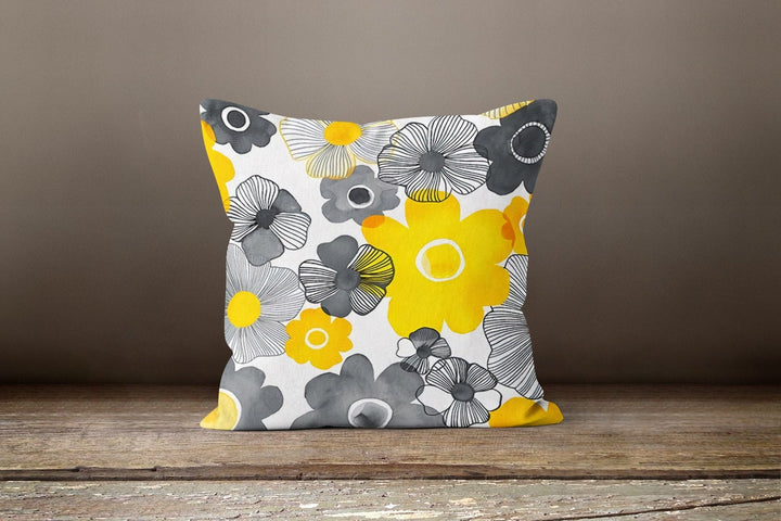 Yellow Gray Floral Pillow Cover|Summer Trend Cushion Case|Decorative Throw Pillow Top|Boho Bedding Decor|Housewarming Pillow with Flowers