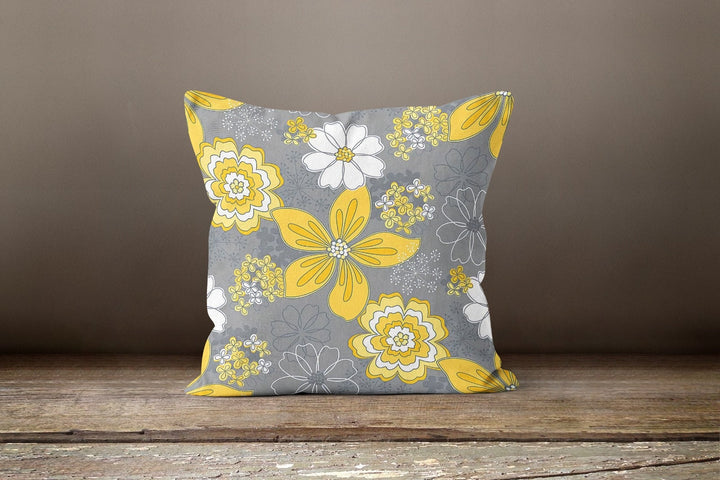 Yellow Gray Floral Pillow Cover|Summer Trend Cushion Case|Decorative Throw Pillow Top|Boho Bedding Decor|Housewarming Pillow with Flowers