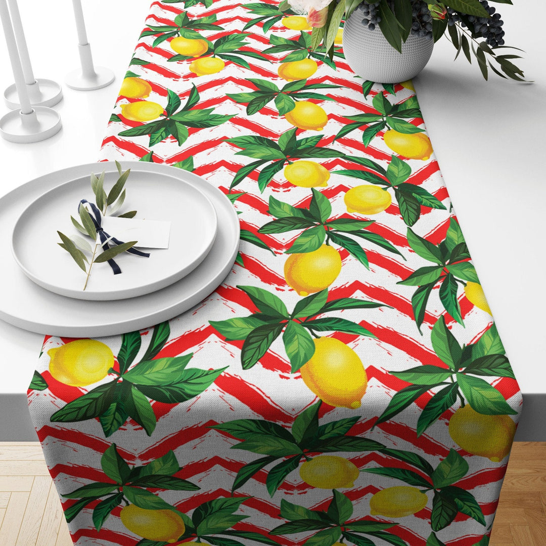 Lemon Table Runner|High Quality Floral Lemon and Olive Table Decor|Summer Trend Tablecloth|Fresh Citrus Decor|Yellow Lemon with Tile Pattern