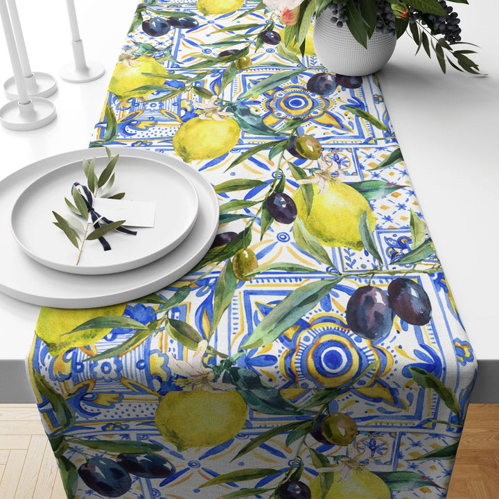 Lemon Table Runner|High Quality Floral Lemon and Olive Table Decor|Summer Trend Tablecloth|Fresh Citrus Decor|Yellow Lemon with Tile Pattern