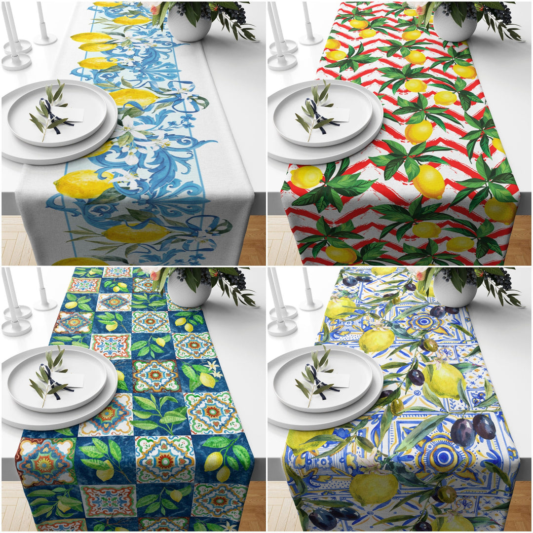 Lemon Table Runner|High Quality Floral Lemon and Olive Table Decor|Summer Trend Tablecloth|Fresh Citrus Decor|Yellow Lemon with Tile Pattern