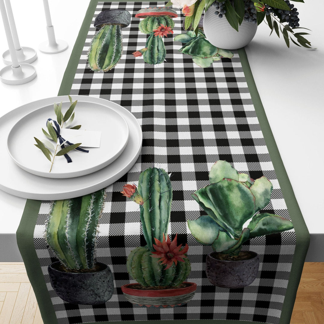 Cactus Table Runner|High Quality Cactus Table Runner|Plaid Succulent Home Decor|Farmhouse Table|Green Cactus Decor|Brown Cactus Tablecloth