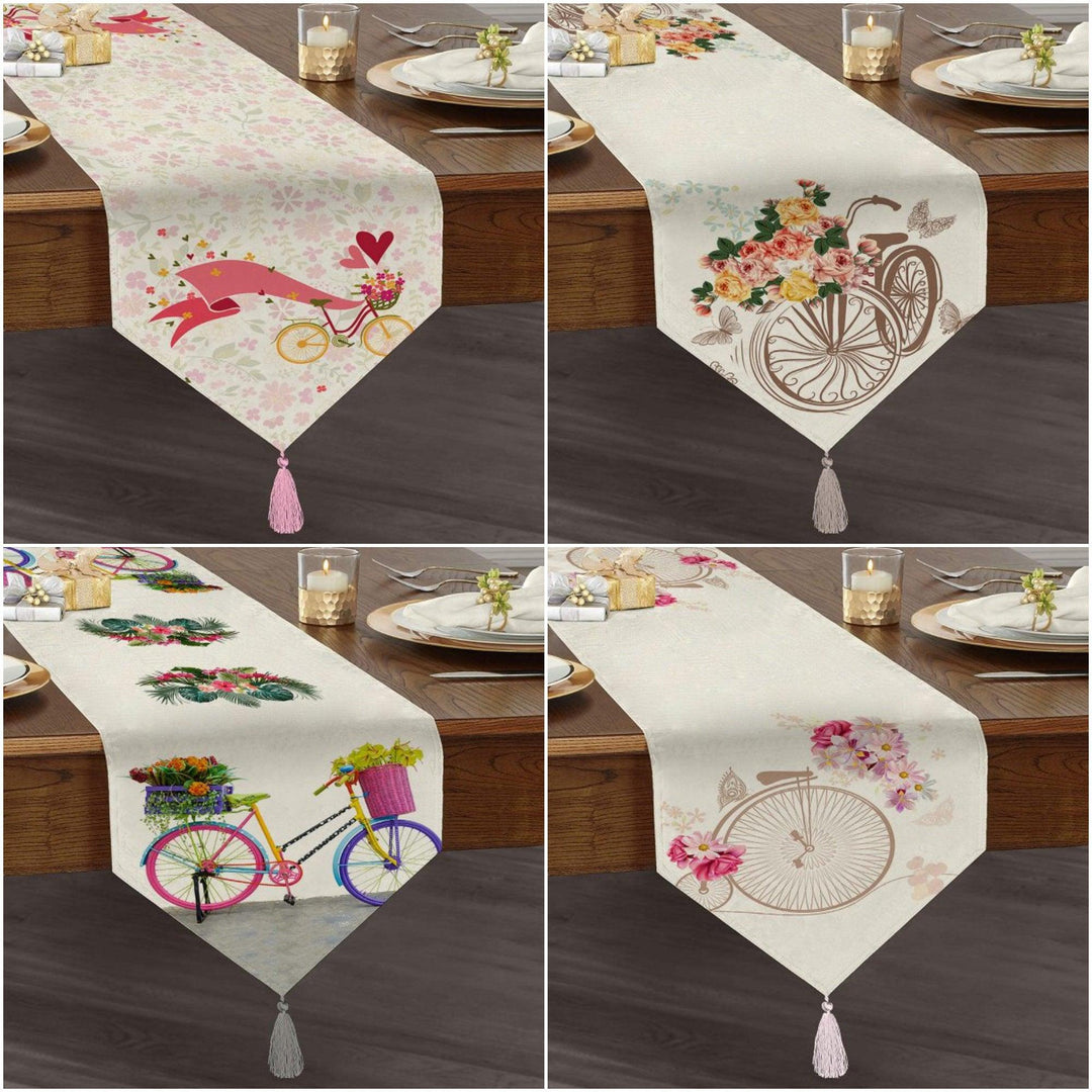 Bike and Flower Table Runner|High Quality Triangle Chenille Table Runner|Decorative Table Runner|Summer Trend Kitchen Decor|Tasseled Runner