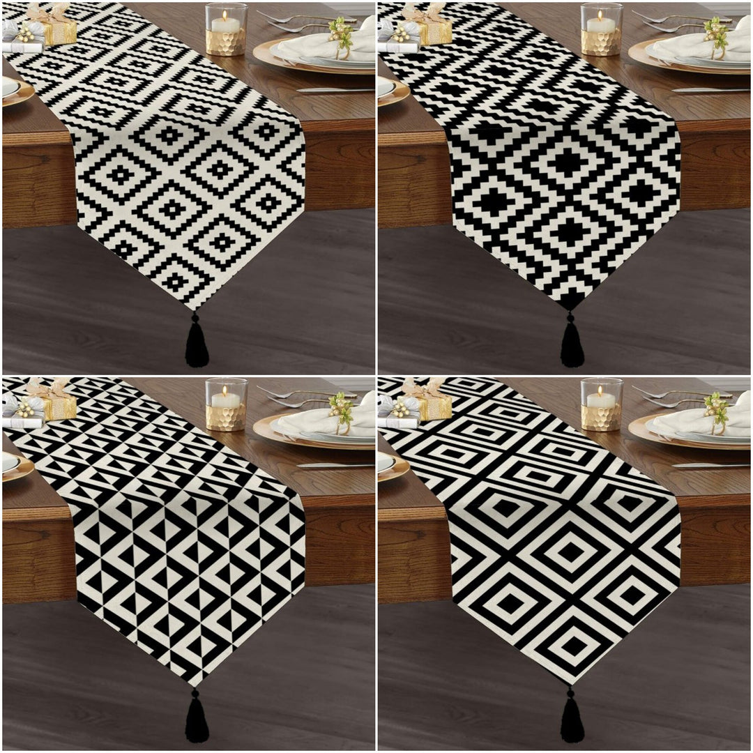 Black & White Geometric Table Runner|High Quality Triangle Dining Table Runner|Decorative Tabletop|Psychedelic Home Decor|Tasseled Runner