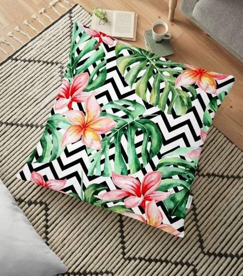 Floral Floor Pillow Cover|Summer Trend Cushion Case|Flowers on Black and White Geometric Pattern|Floor Cushion Case| Boho Bedding Home Decor