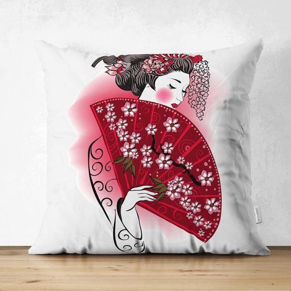 Japanese Girl Pillow Cover|Asian Design Cushion Case|Authentic Kimono Woman Case| Far East Woman Decor|TraditionalGeisha Fan Culture Cushion