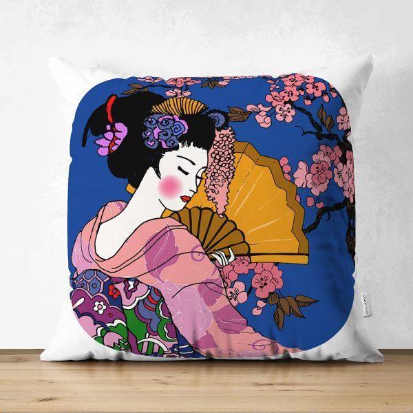 Japanese Girl Pillow Cover|Asian Design Cushion Case|Authentic Kimono Woman Case| Far East Woman Decor|TraditionalGeisha Fan Culture Cushion