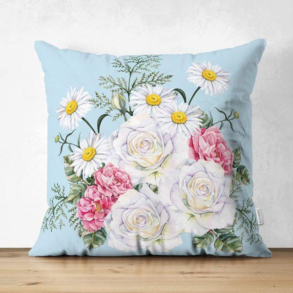 Floral Pillow Cover|Summer Trend Cushion Case|White Daisy Pink Rose Decor|Decorative Suede Floral Cushion Cover|Digital Print Spring Trend