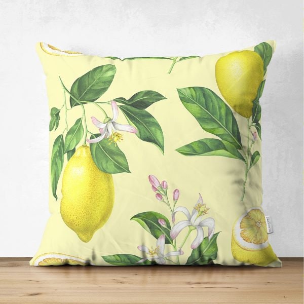 Floral Lemon Pillow Cover|Lemon Cushion Case|Decorative Suede Fruit Cushion|Housewarming Citrus Home Decor|Farmhouse Style Lemon Pillow