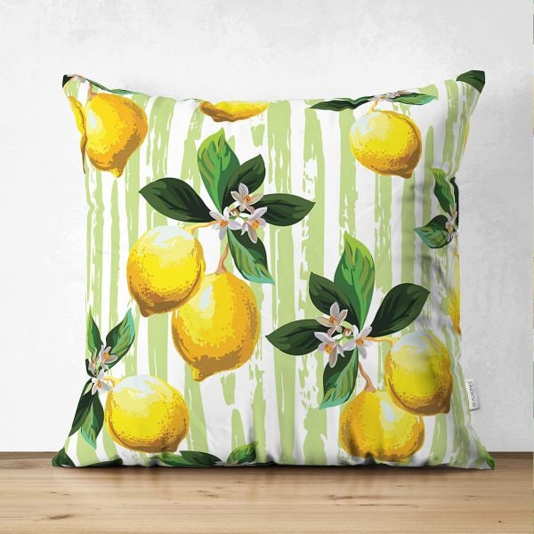 Floral Lemon Pillow Cover|Lemon Cushion Case|Decorative Suede Fruit Cushion|Housewarming Citrus Home Decor|Farmhouse Style Lemon Pillow