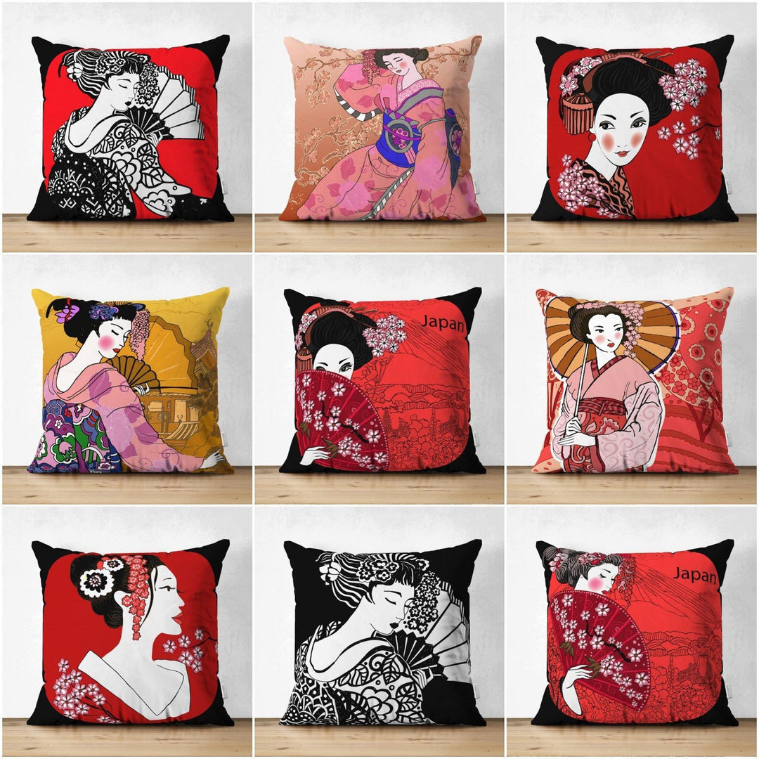 Japanese Girl Pillow Cover|Asian Design Cushion Case|Authentic Kimono Woman Case|Far East Woman Decor|Traditional Geisha Fan Culture Cushion