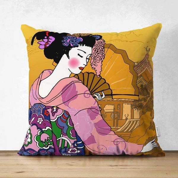 Japanese Girl Pillow Cover|Asian Design Cushion Case|Authentic Kimono Woman Case|Far East Woman Decor|Traditional Geisha Fan Culture Cushion