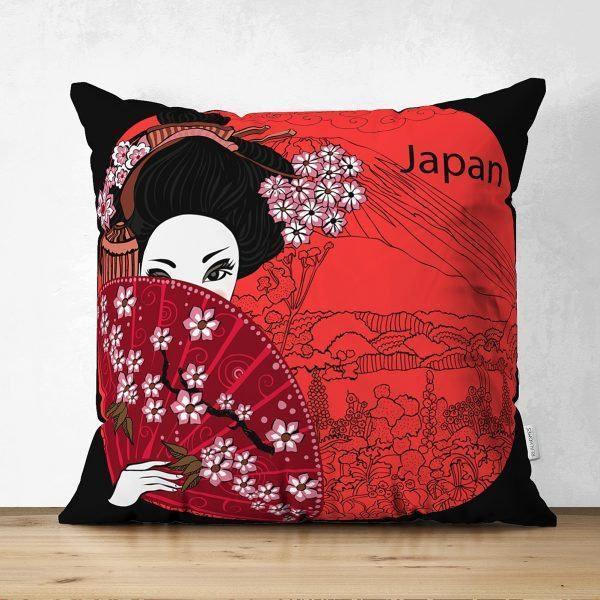 Japanese Girl Pillow Cover|Asian Design Cushion Case|Authentic Kimono Woman Case|Far East Woman Decor|Traditional Geisha Fan Culture Cushion