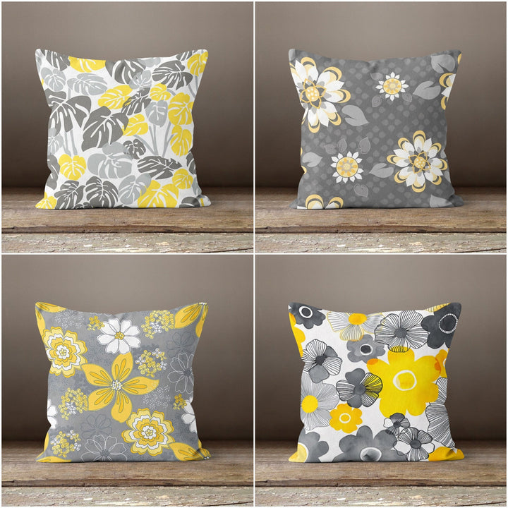 Yellow Gray Floral Pillow Cover|Summer Trend Cushion Case|Decorative Throw Pillow Top|Boho Bedding Decor|Housewarming Pillow with Flowers