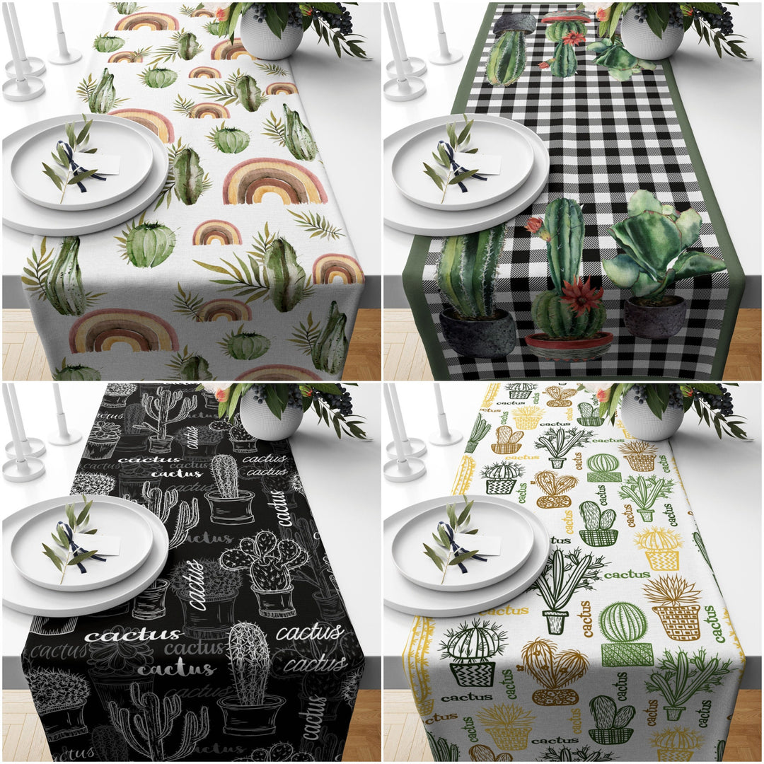 Cactus Table Runner|High Quality Cactus Table Runner|Plaid Succulent Home Decor|Farmhouse Table|Green Cactus Decor|Brown Cactus Tablecloth