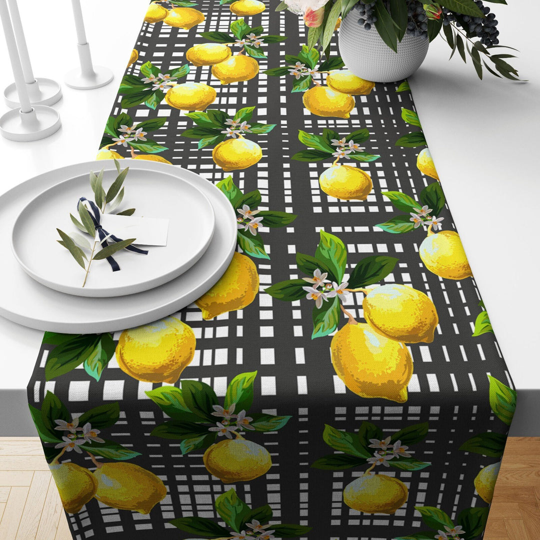 Lemon Table Runner|High Quality Floral Lemons on Geometric Pattern Table Decor|Summer Trend Tablecloth|Fresh Citrus Decor|Yellow Lemon Decor