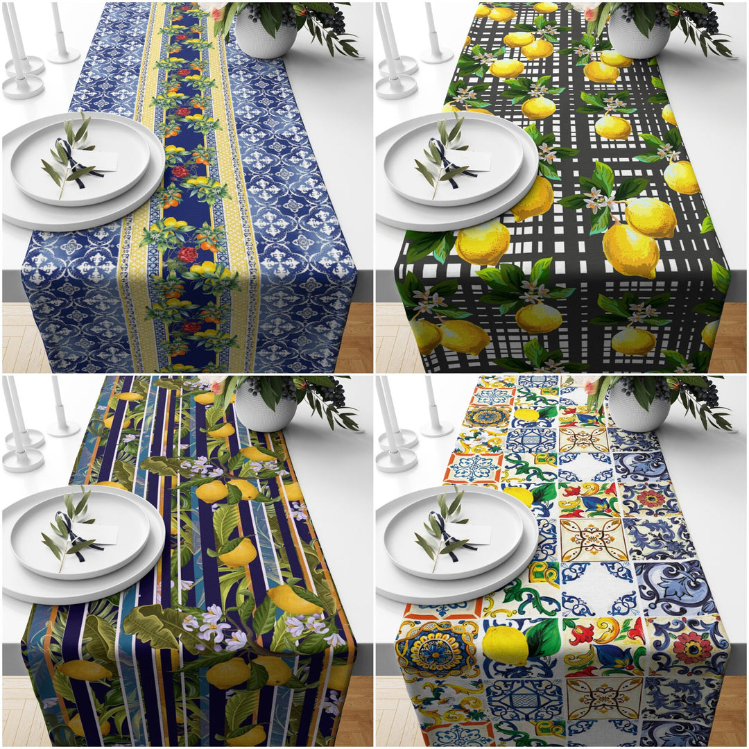 Lemon Table Runner|High Quality Floral Lemons on Geometric Pattern Table Decor|Summer Trend Tablecloth|Fresh Citrus Decor|Yellow Lemon Decor