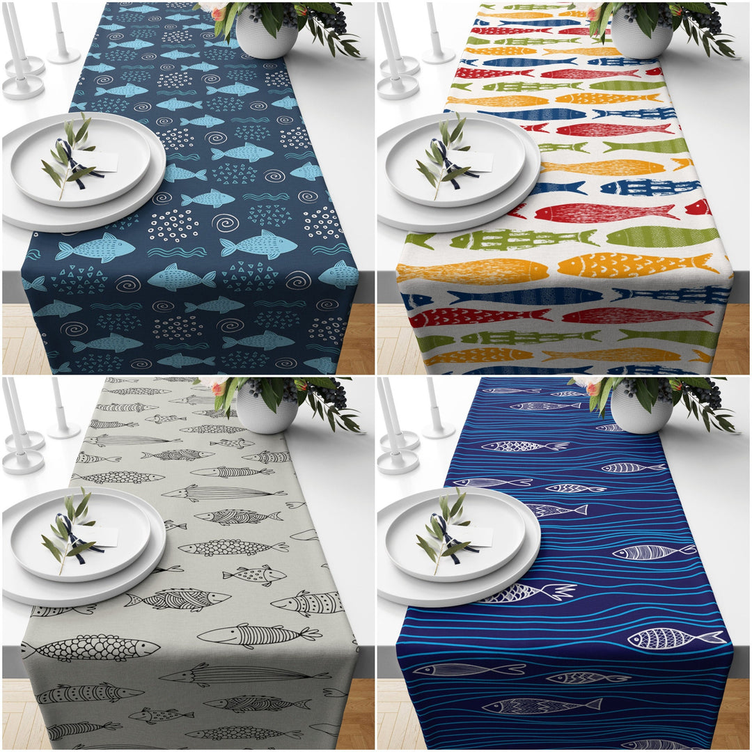 Beach House Table Runner|Fish Kitchen Decor|Decorative Nautical Table Top|Coastal Runner|Colorful Fish Home Decor|Sea Food Print Home Decor